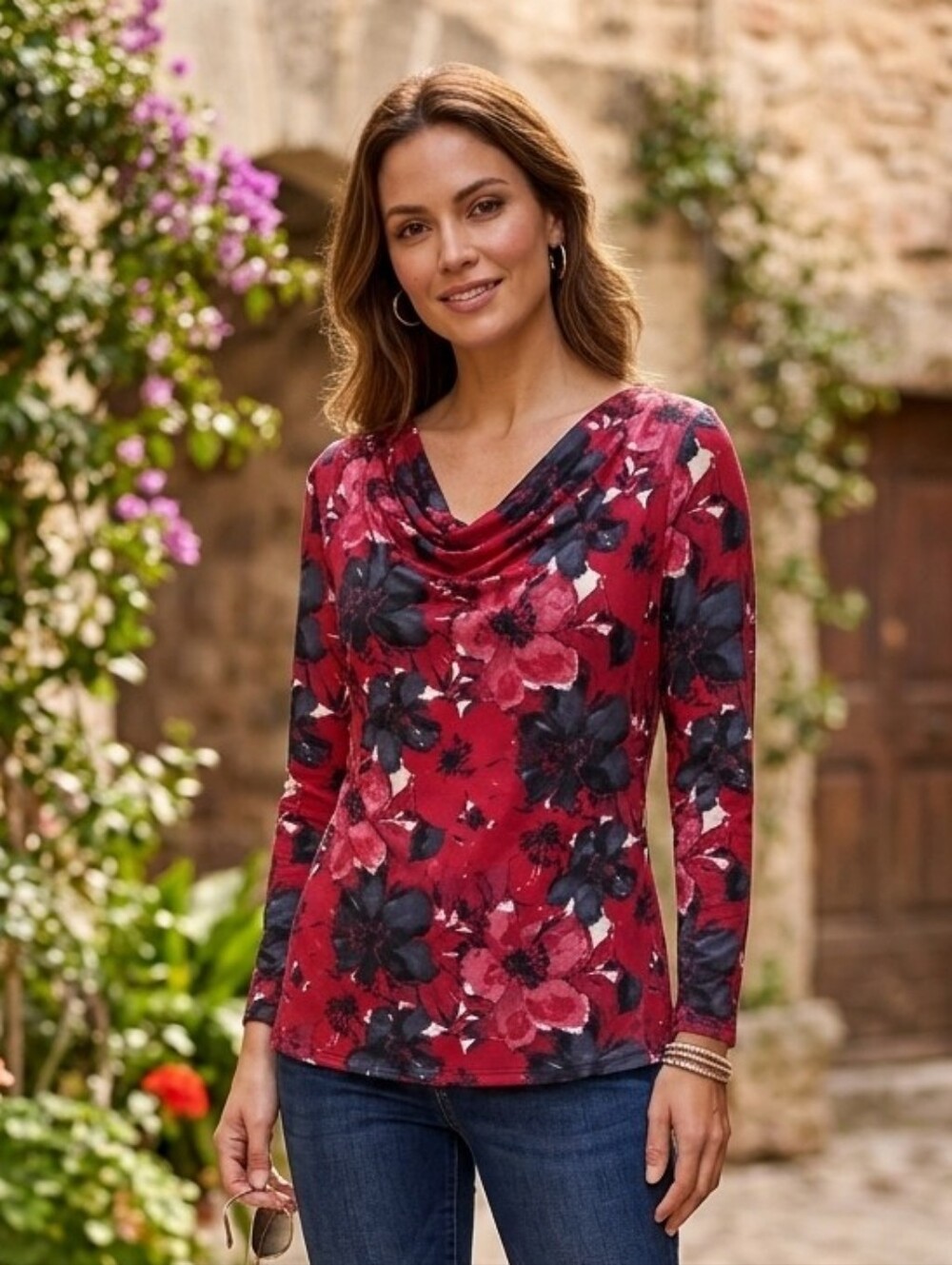 Stile & Co. Petite Red Floral Cowl Neck Long Sleeve Top